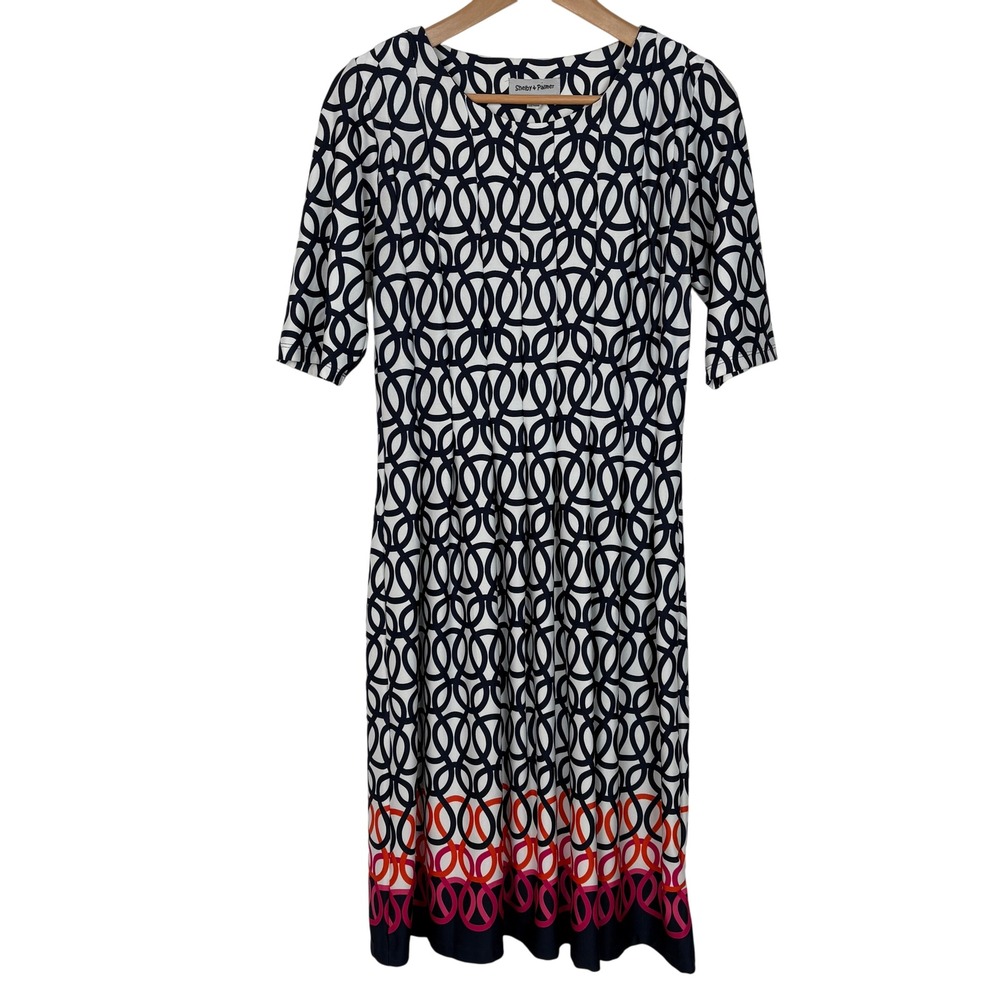 Women Geometric Midi Dress Size M Navy White Mod Retro Knit Shift Career Stretch